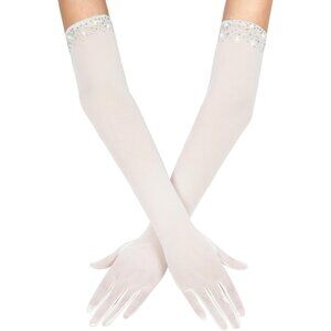 Women's Sexy Pearl Beaded Light Lvory Long Gloves Tulle Mesh Wedding Party Prom